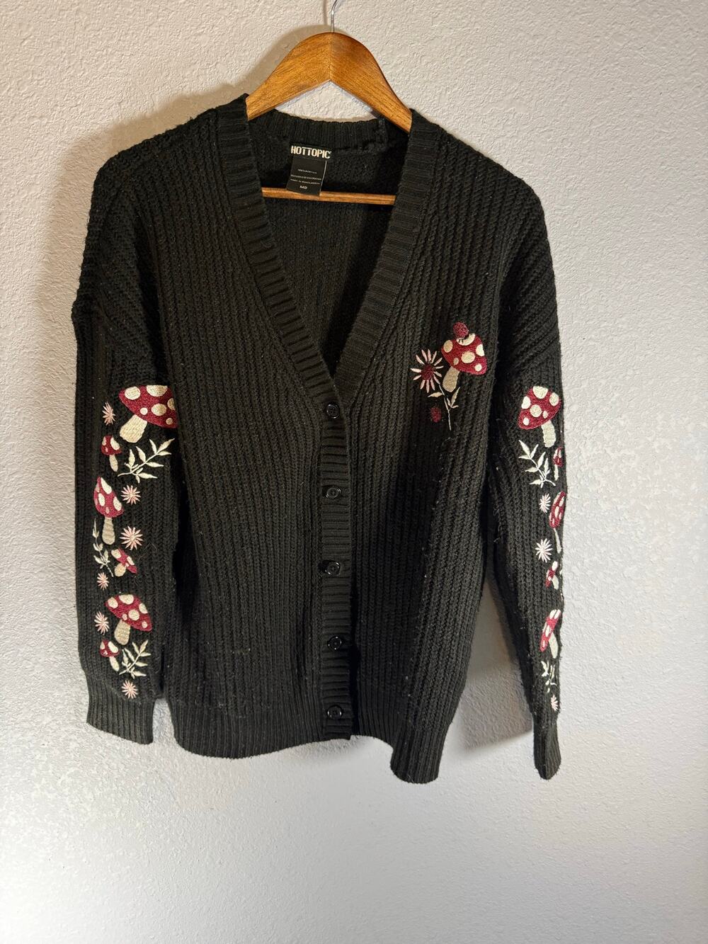 Hot Topic Medium Black Mushroom Floral Embroidered Knit Cardigan